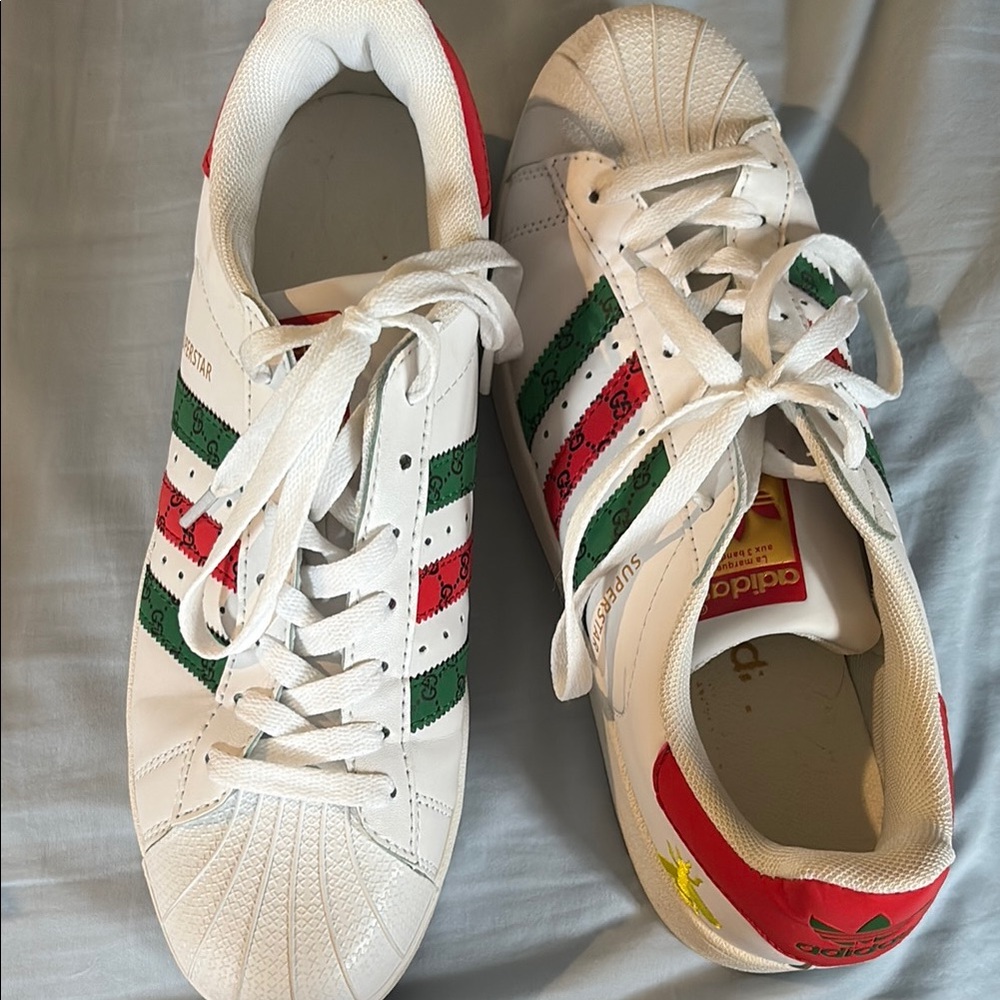 Adidas Superstar White Sneakers with Red and Green Stripes
